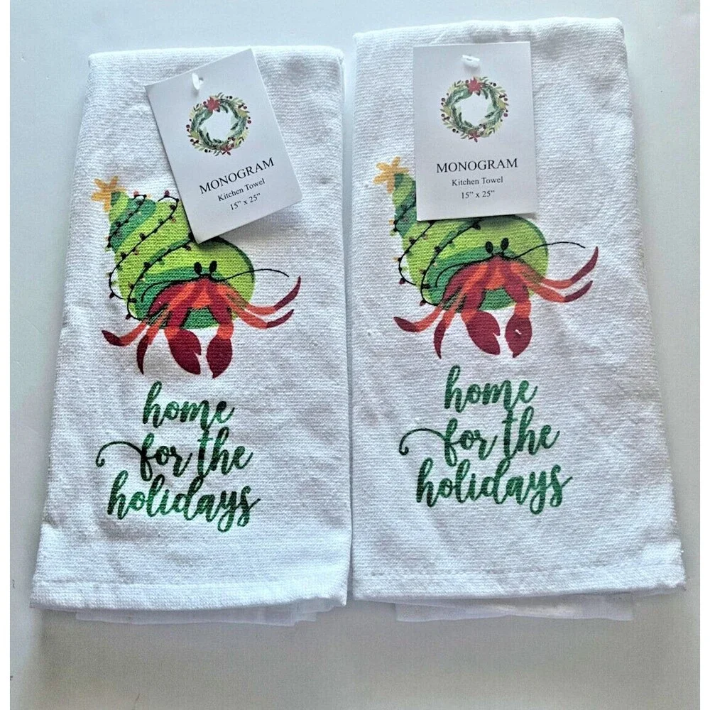 Christmas Kitchen Dish Towels Beach Hermit Crab White Cotton Beach Set Of 2